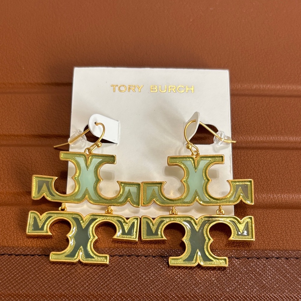 NWOT - Tory Burch Double T Logo Drop Earrings. Sage Green